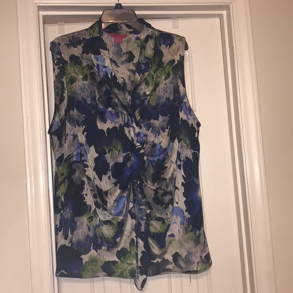 Sunny Leigh Blue Green Floral Sleeveless Blouse